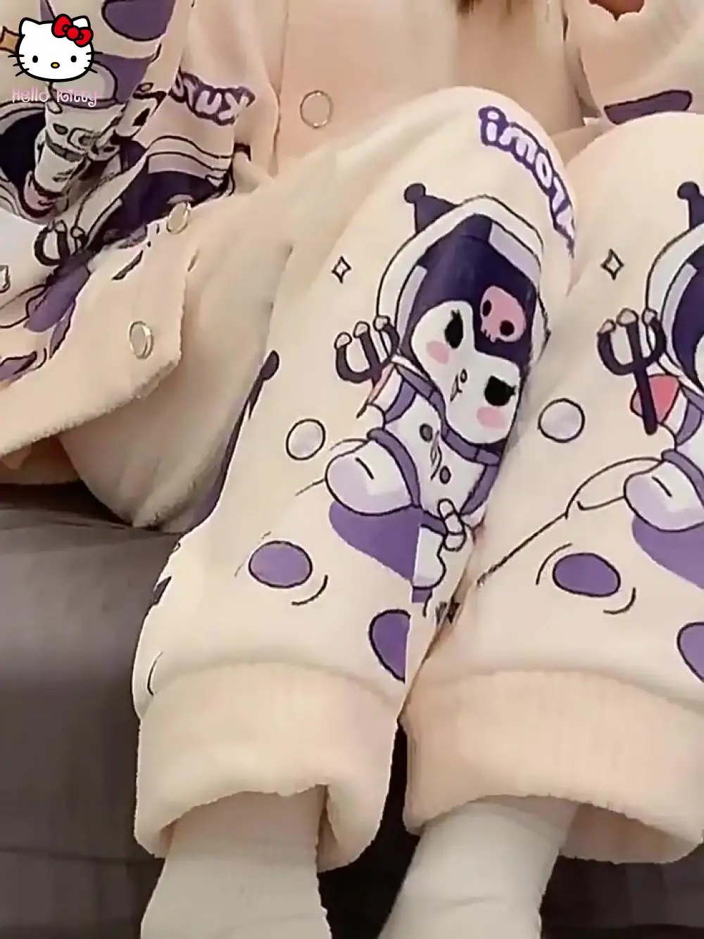 Hellokitty Sanrio 가을 겨울 잠옷 여성 v 넥 카디건 귀여운 캐주얼 홈웨어 만화 플러스 벨벳 두꺼운 플란넬 슈트