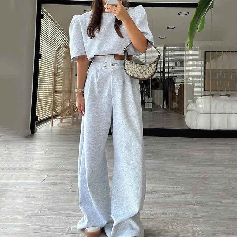 Wefads Two Piece Set Women Casual Simple Solid Short Puff Sleeve Round Neck Pullover Top Loose Wide Legs Pants Sets Soprt Style