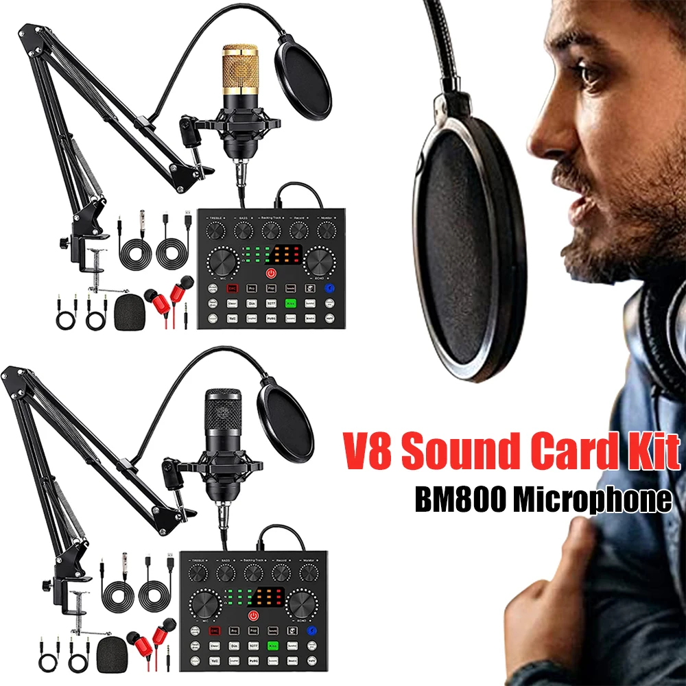 

V8 Sound Card Microphones Kits DJ Equipment Console Studio Sound Card Double-Layer Pop Filter 60hz-15khz Computer Live Voice Mix