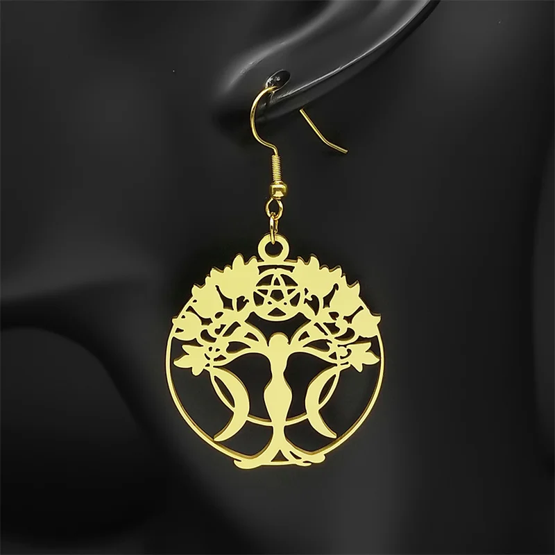 Witch Triple Moon Goddess Tree of Life Drop Earrings for Women Men Stainless Steel Silver Color Amulet  Star of David Jewelry