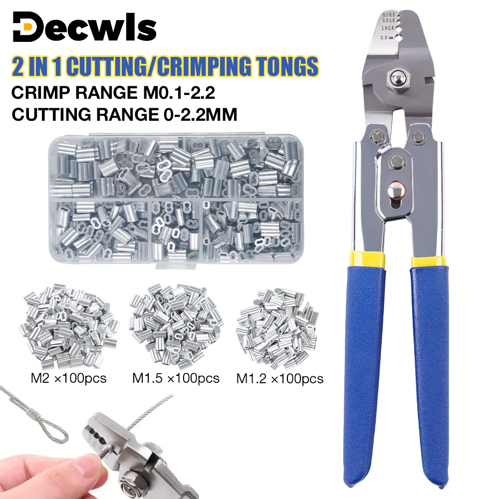 M0.1-2.2 Aluminum Sleeve Crimping Pliers, 2-In-1 0-2.2mm Wire Rope Cutters, 10-Inch Home Hand Pliers, Wire Rope Crimping Tool