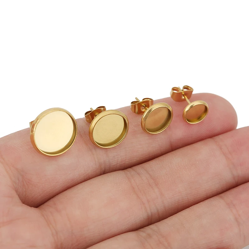 20 قطعة أبدا تتلاشى هيبوالرجينيك الفولاذ المقاوم للصدأ قرط الاذن المرصع إعدادات 6 مللي متر 8 مللي متر 10 مللي متر 12 مللي متر النقش كابوشون قاعدة Diy بها بنفسك صنع المجوهرات