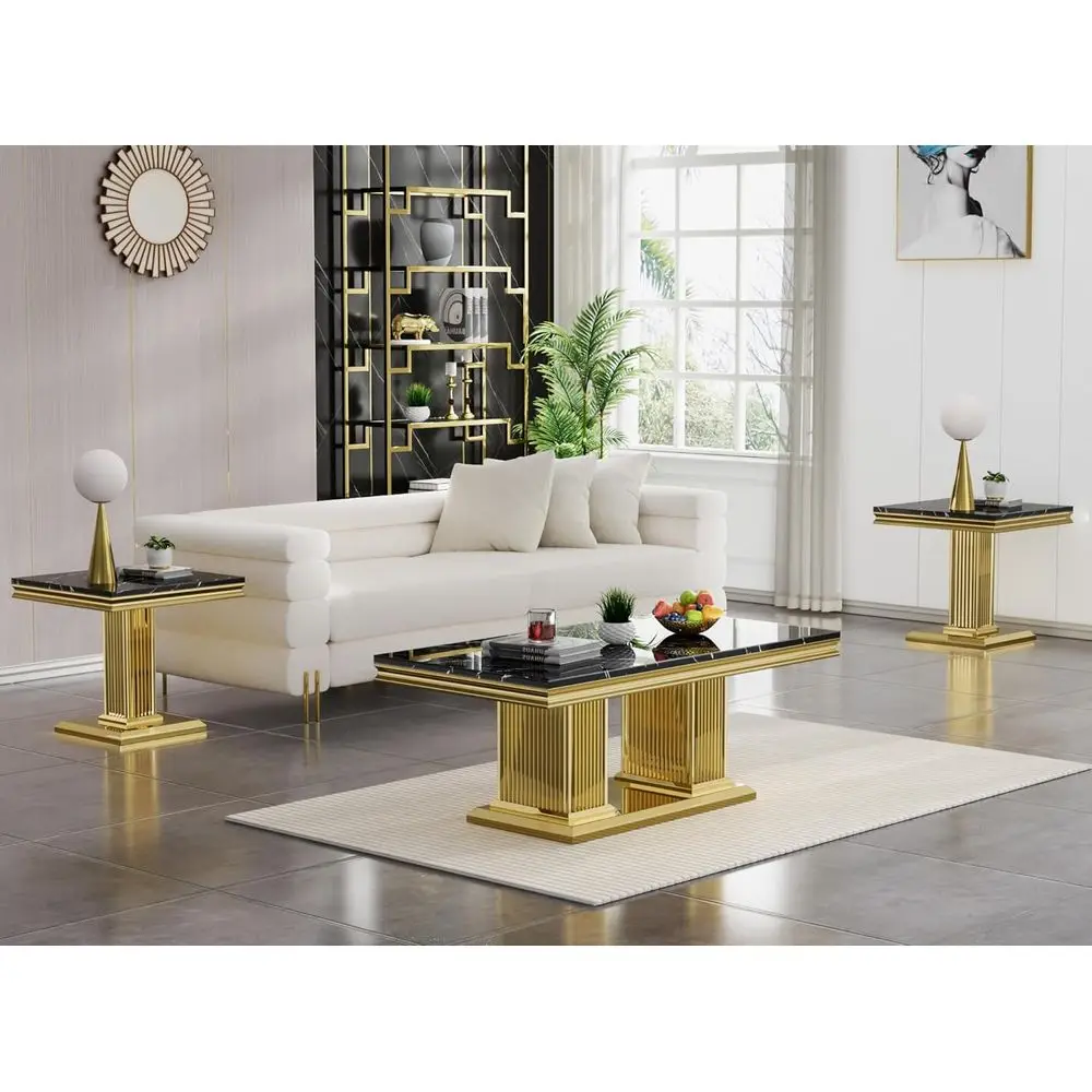 

Modern Marble Coffee Table Set with Stainless Steel Base for Living Room and Office