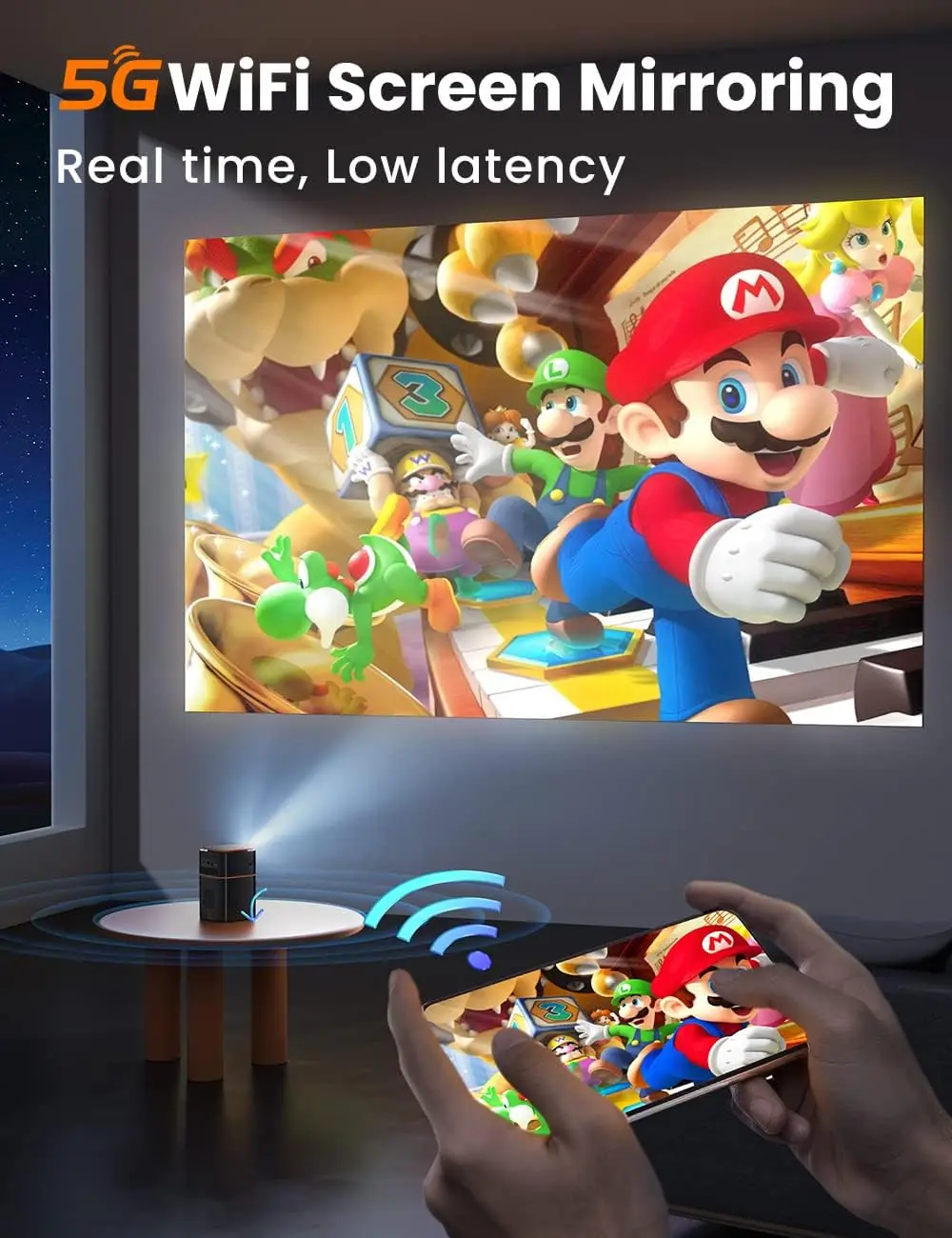 Mini Proyector con WiFi 5G, 1080P HD Portátil de Tiro Corto, Recargable para Teléfono iOS Android HDMI USB