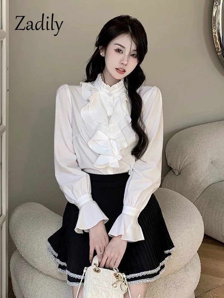 Zadily 2024 Summer England Style Long Sleeve Women White Shirt Vintage Button Up Tops Stand Neck Chiffon Blouse Chic Clothing