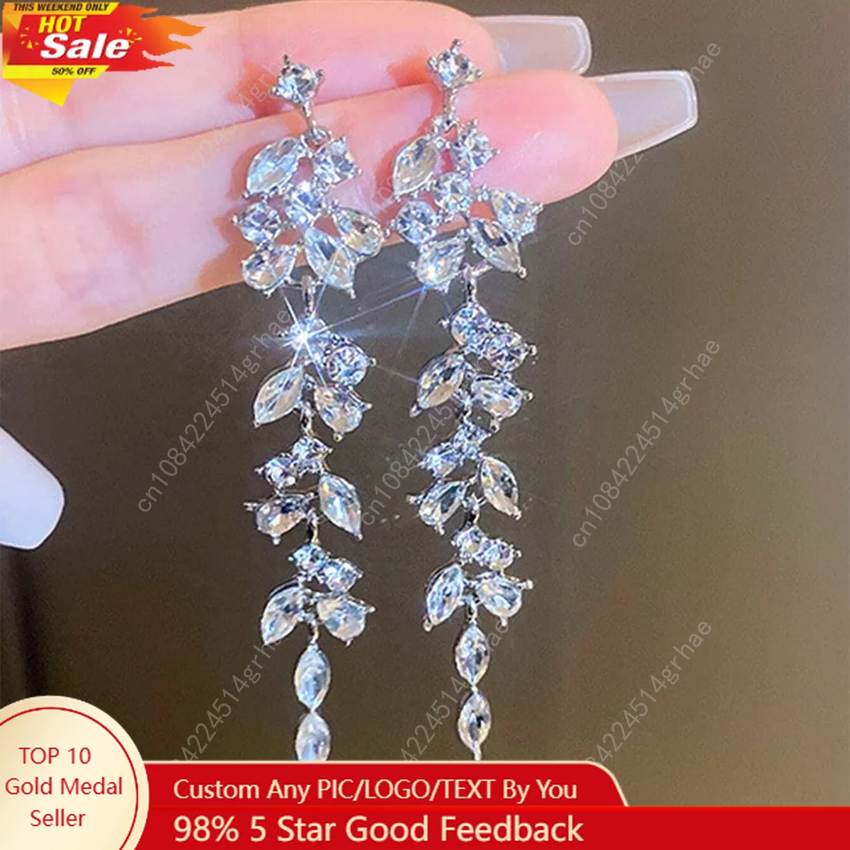 

2pcs fashionable and high-end long tassel full diamond leaf earrings for women's banquet dress accessories