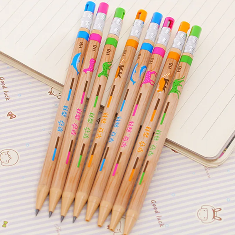 5 pcs/lot Creative wooden mechanical pencil pupil student HB lapiceros kawaii with pencil sharpener office fournitures scolaires