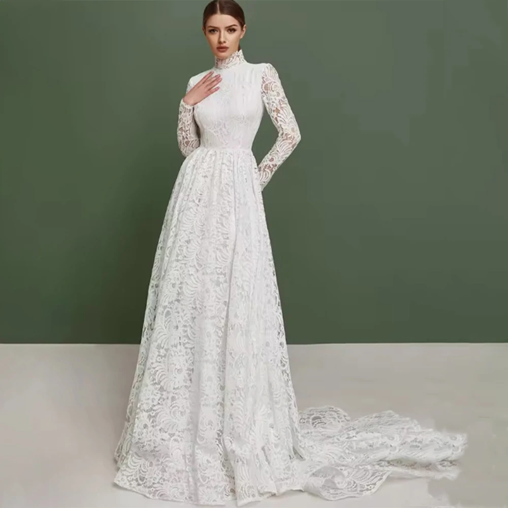 

Lace Wedding Dresses A-line High Collar Muslim Bride Dress New Floor Length Beading Bridal Gown Customized robe de mariée