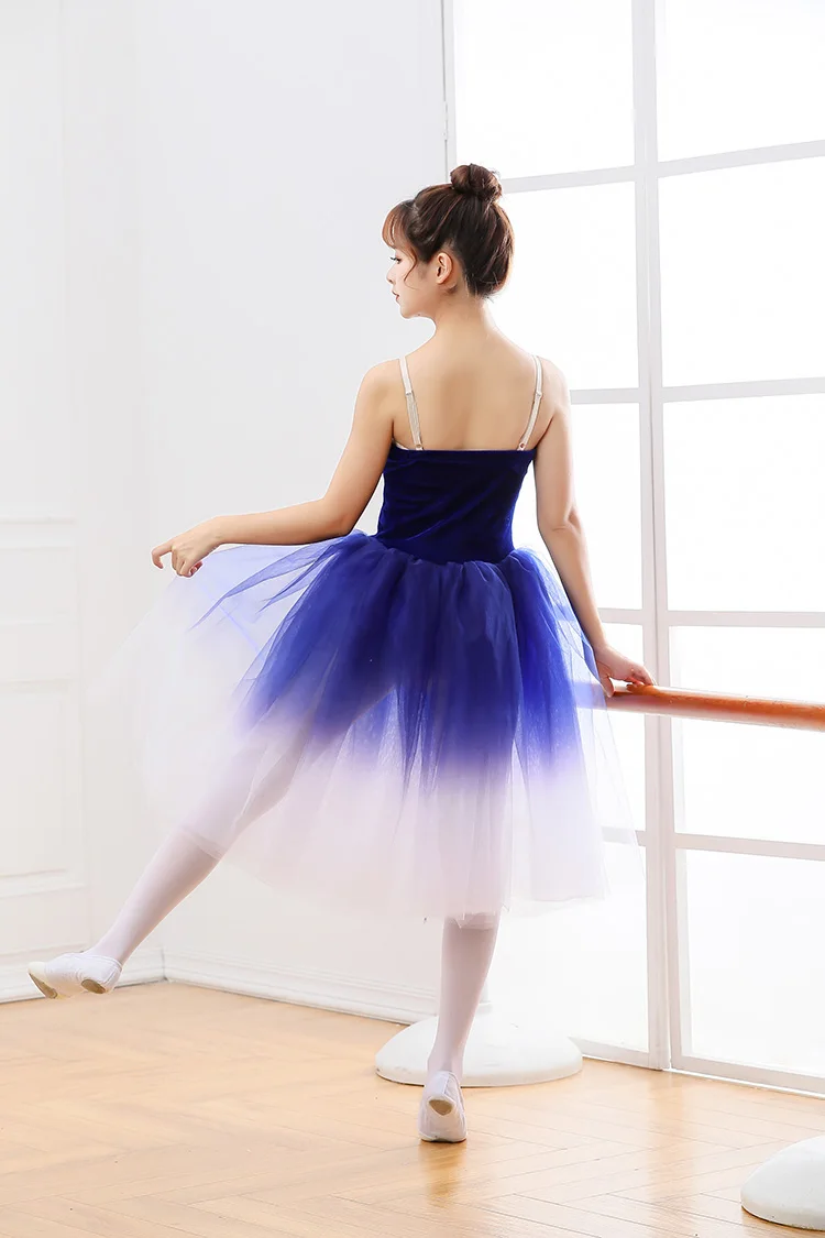 Blauw Ballet Jurk Prestaties Maillots voor Meisjes Volwassen Vrouwelijke Geleidelijke Kleur Lange Rok Tutu Rok Moderne Dans Jurk