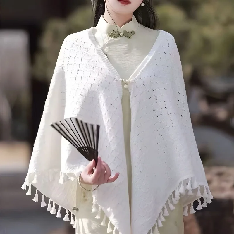 Women's Vintage Hollow Tassel Shawl Versatile Thin Summer Style Travel Outerwear Cape Scarf