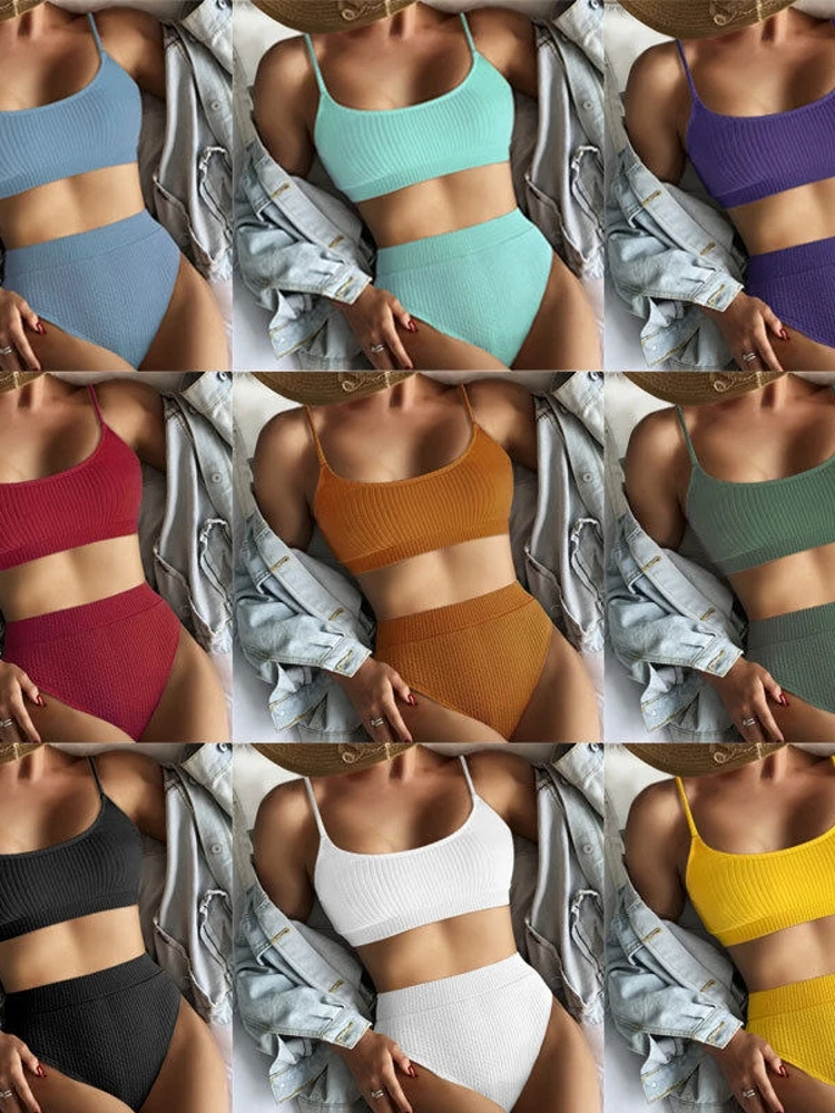 

Сексуальный цветной женский раздельный купальник с бретельками, с высокой талией, для плавания и серфинга, повседневный, с...