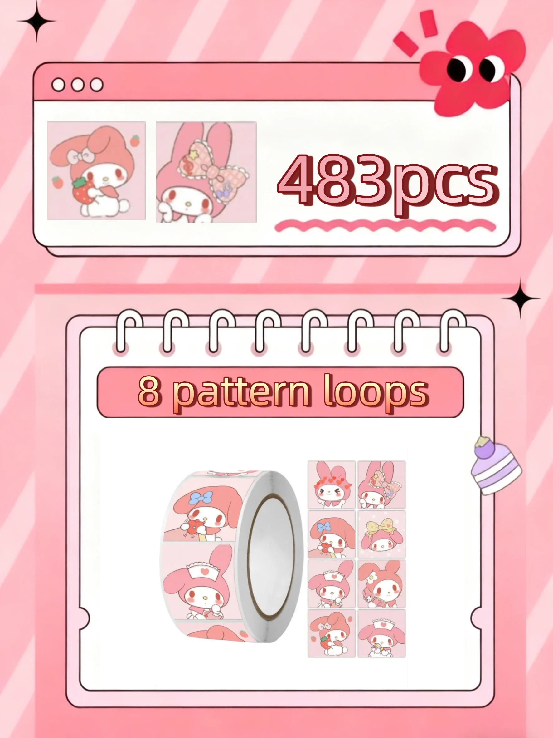 ملصقات مستوحاة من لعبة ماي ميلودي 483 قطعة، تصميمات باللون الوردي والأبيض غير اللامع، مثالية للديكور المخطط وفن الكمبيوتر المحمول وزخارف الهدايا