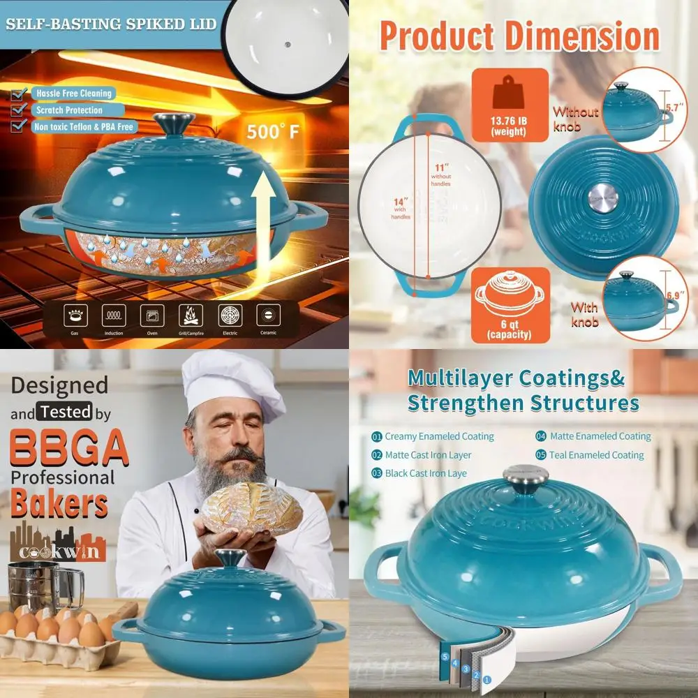 

11 Teal Enamel Cast Iron Dutch Oven with Lid, 6 Quart Bread Baking Kit, Silicone Mat Included - Perfect for Sourdough & Family G