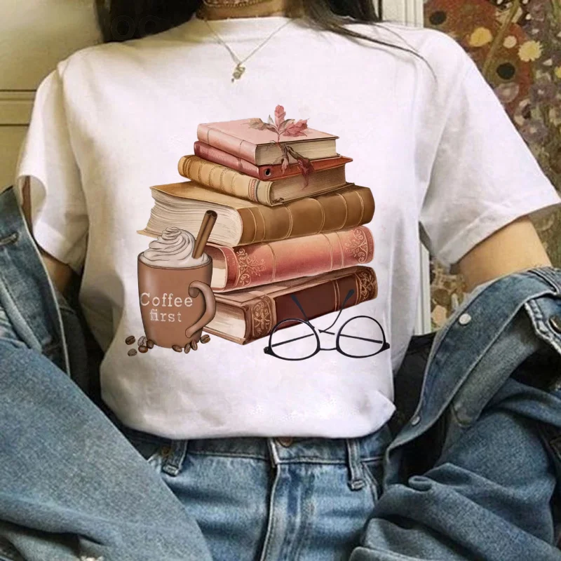 

Cute Trendy 90s Clothing Printed Books Coffee Pattern T-Shirt Short Sleeve Style Casual White Top Women's Fashion T-Shirt