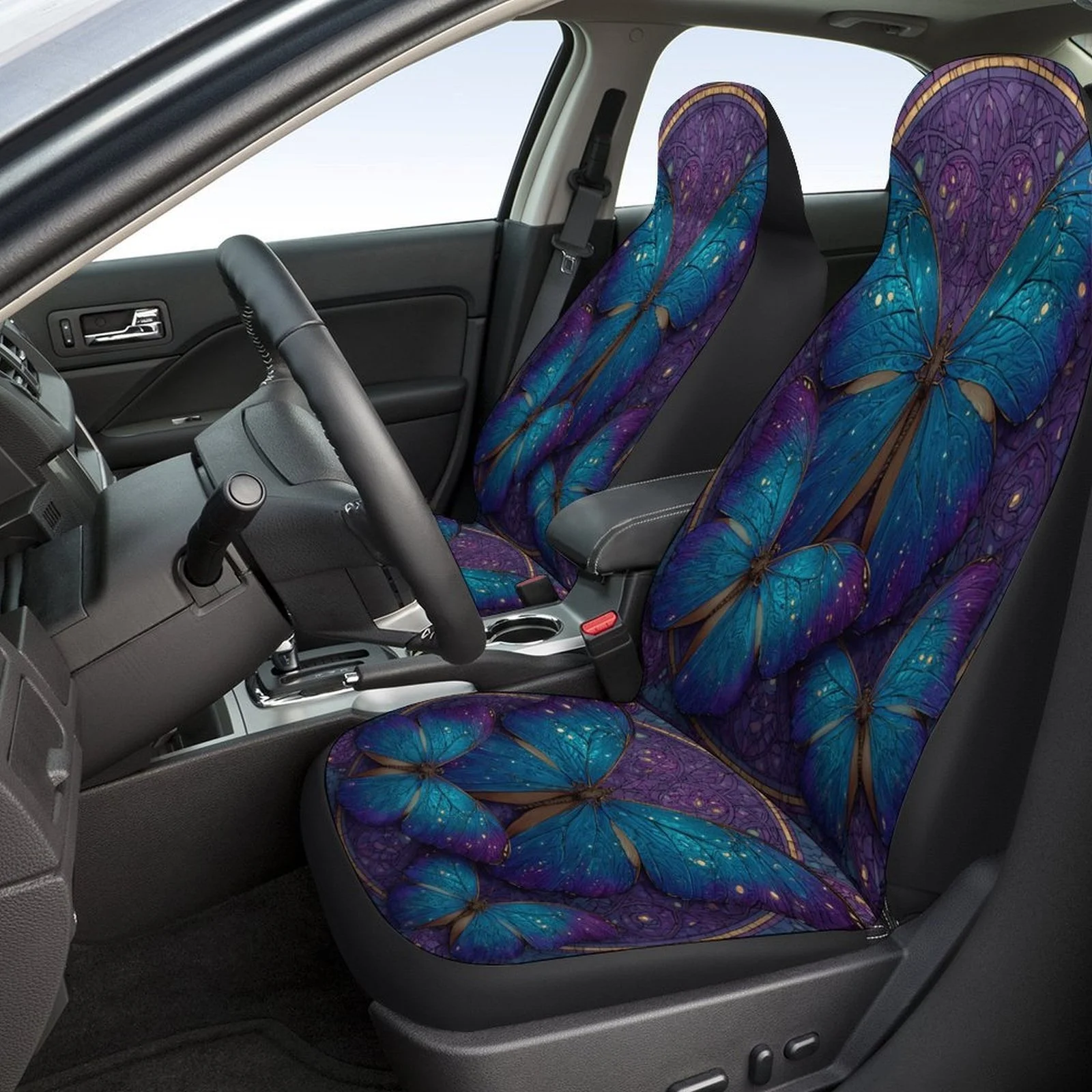 Butterfly Dream Car Seat Cover Set - Vibrant & Purple Floral Design, Durable Polyester, Fit For Most Cars, All-Season Protection