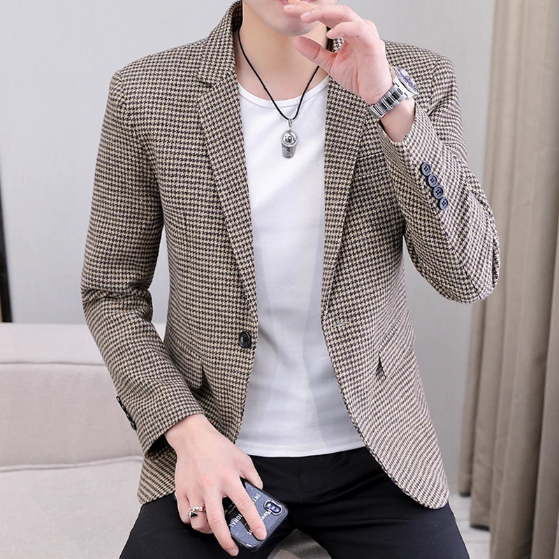 

2024 New Plaid Printed Slim Men Blazer High Quality One Button Casual Male Suit Jacket Fashion Wedding Party Handsome Blazers