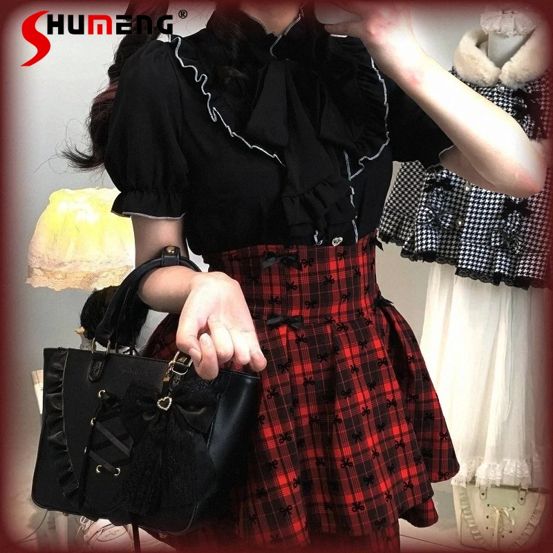 

High-waisted Short Skirt Ladies New Japanese Style Rojita Sweet Cute Plaid Bow Double Layer Puffy Mini Skirts 4 Colors Available