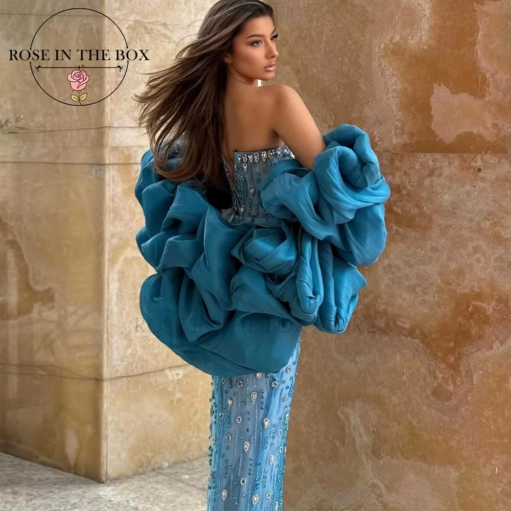 ROSEINTHEBOX カスタマイズされた華やかなティールストラップレスマーメイドイブニングドレスクリスタルフリル袖高級エレガントなパーティードレス