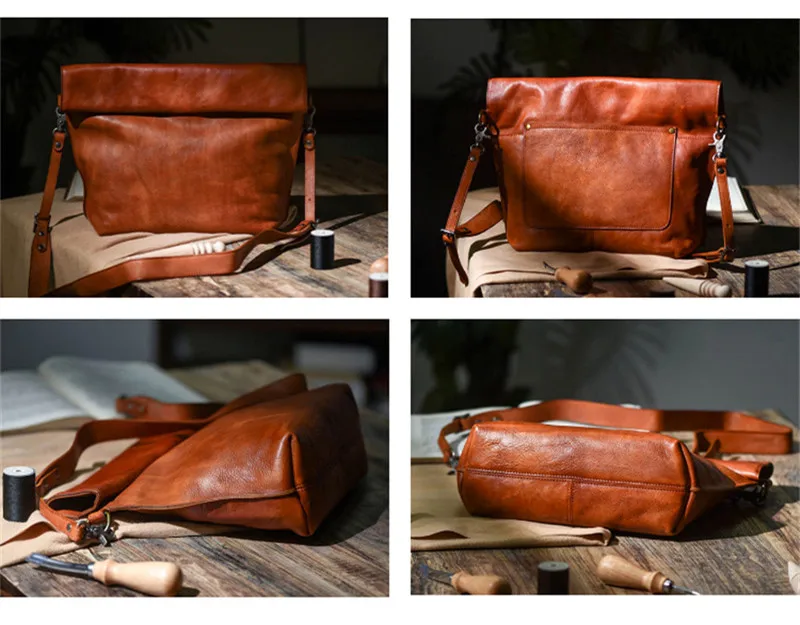 Designer original natural genuine leather men\'s messenger bag fashion handmade real cowhide folding anti-theft shoulder bag