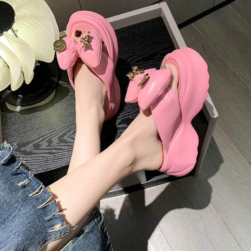 New Summer Cute pink Women Slippers Thick Sole Shoes Casual Platform Beach Flip Flops Leisure Bow tie Sandals Sneakers Woman