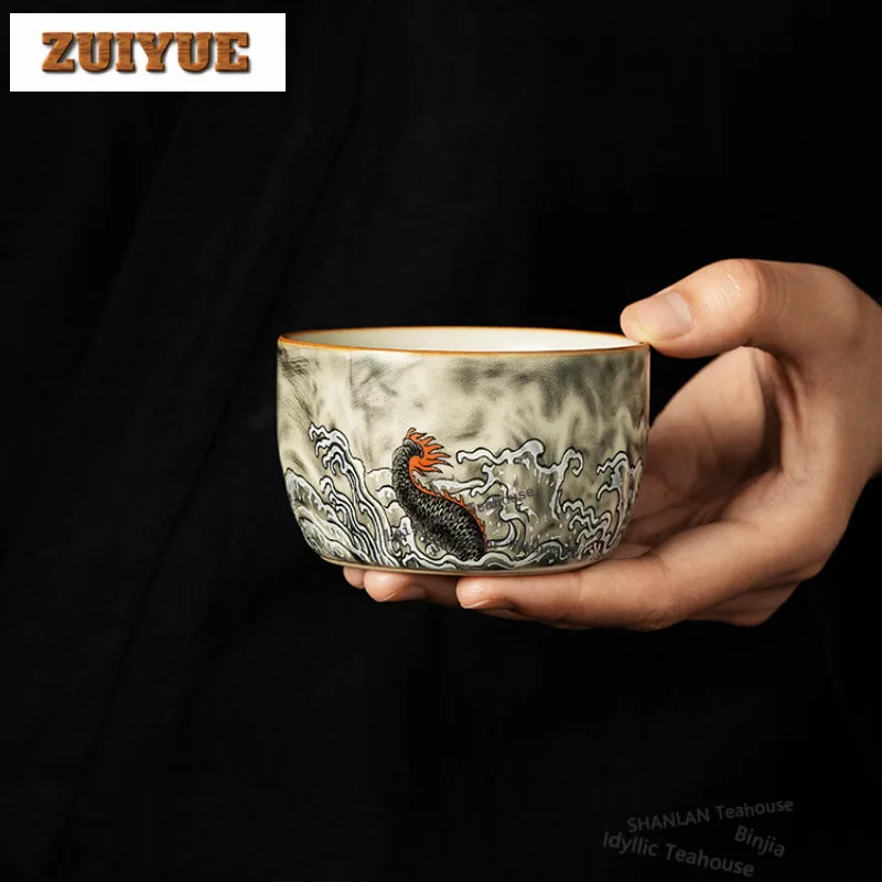 

150ml Ru Kiln Hand Painted Flood Dragon Teacup Vintage Tea Bowl Mug Tea-tasting Smelling Cup Chazhan Master Cups Tea Items