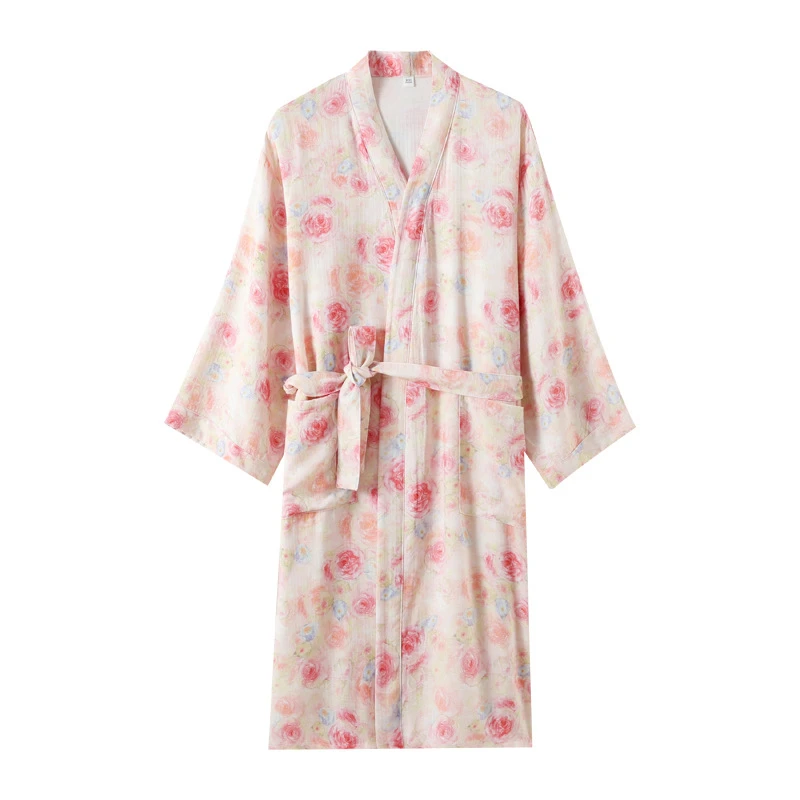 Abito da donna in puro cotone con stampa rosa, abito kimono, accappatoio da doccia traspirante, intimo sexy in stile giapponese, indumenti da notte