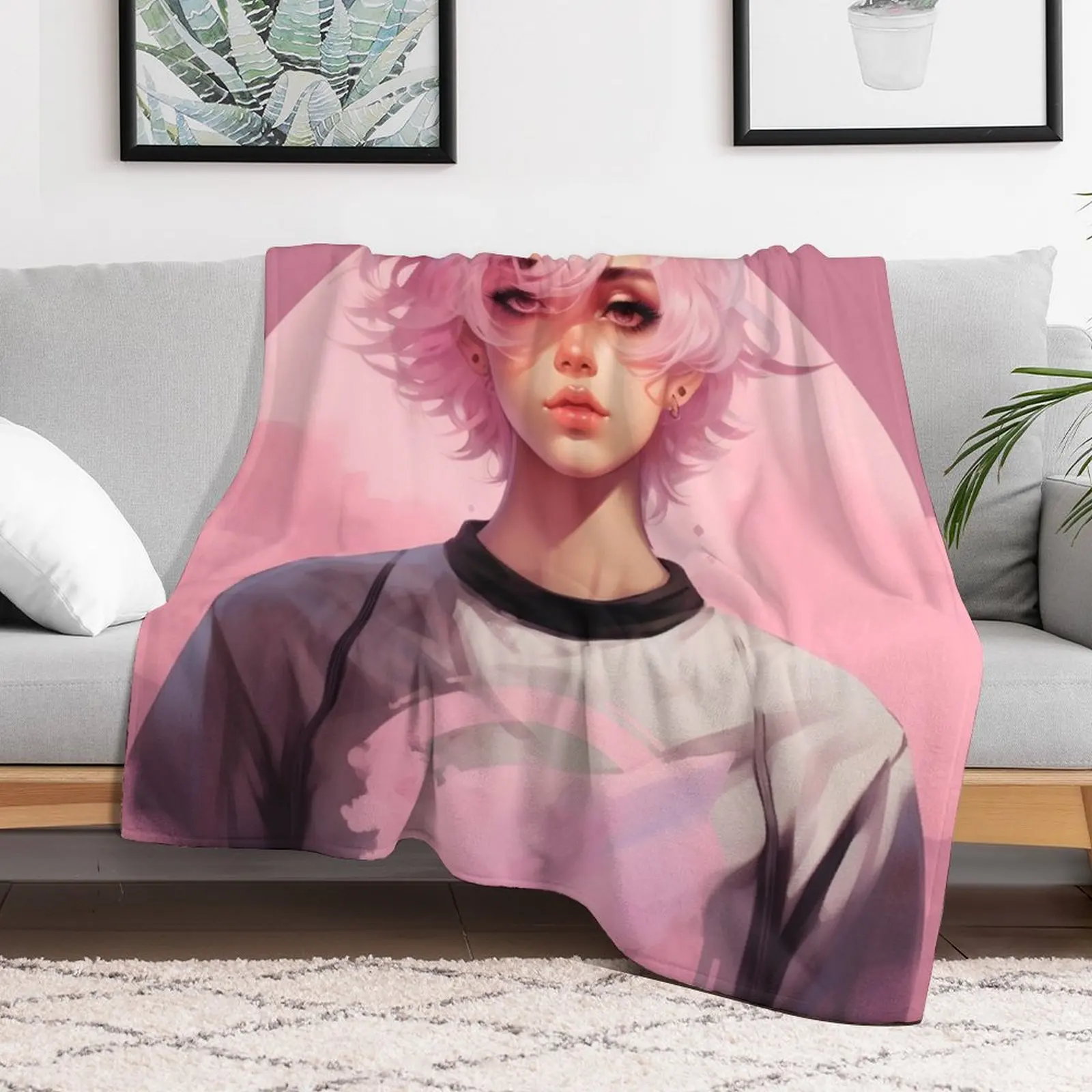 Femboy Pastelgoth Pink Boi Anime Character Throw Blanket