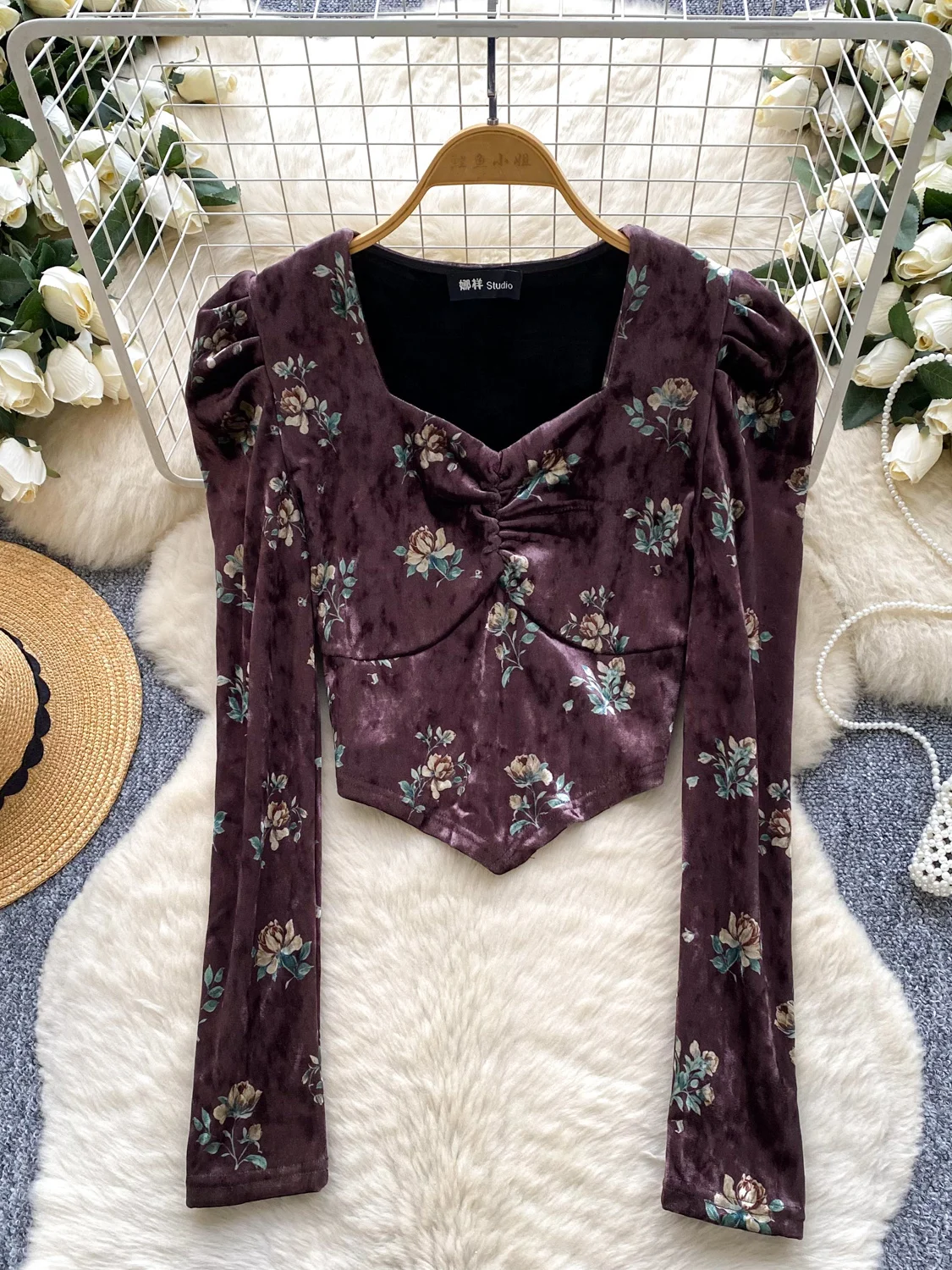 

Women Coffee Flower Print Velvet Shirts Blouses Vintage Y2k Elegant 2000s Long Sleeve Square Collar Shirt Clothes Autumn Spring