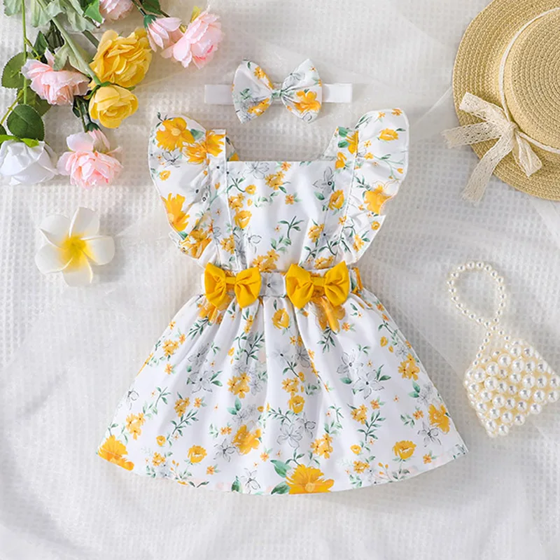 Korean version of the girl baby fashion printing dress + head scarf two-piece set 0-2 years old baby bow back dress spot