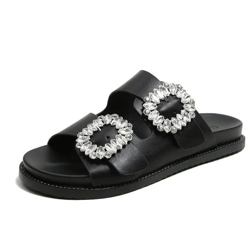 Rhinestone Crystal Buckle Slippers Women Brand Designer Crystal Double Flip Flops Female Platform Slides Sandals Big Size 43