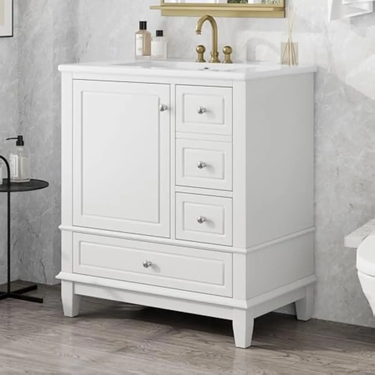 Modern 30 inch bathroom vanity unit featuring integrated ceramic basin, spacious concealed storage, three smooth-gliding drawers