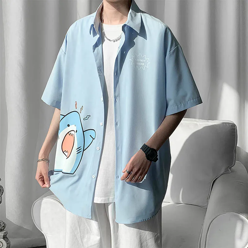 2025 Summer Men's Cartoon Print White Thin Short Sleeve Shirt Japanese Style Loose Casual Black Blue Plus Size Half Sleeve Shirt