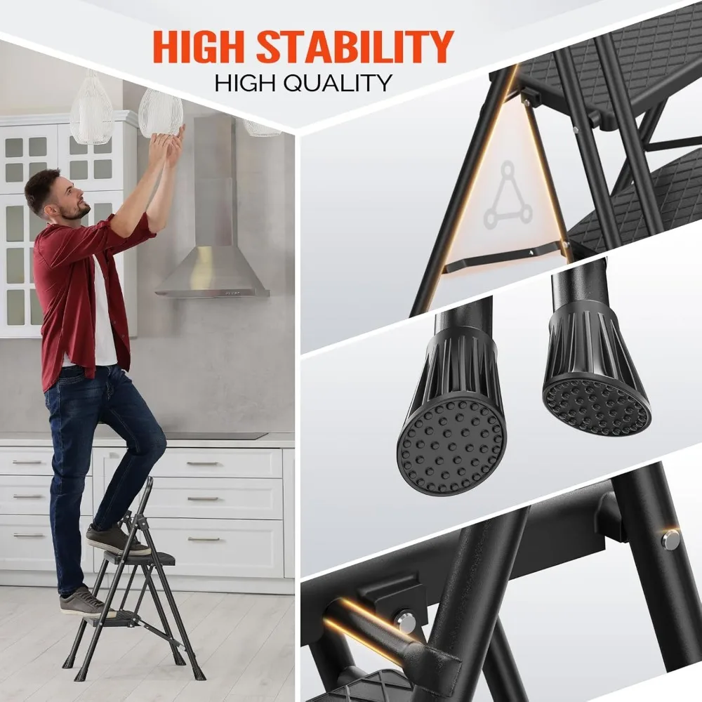 مقعد قابل للطي بخطوتين مع مشابك واسعة مضادة للانزلاق، سعة 500 رطل، خفيف الوزن ومحمول