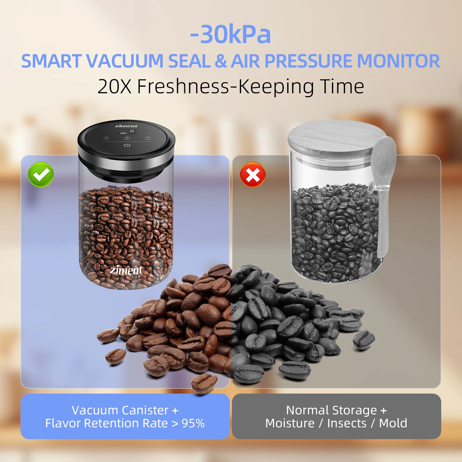 Tarro sellado al vacío, botella de almacenamiento de granos de café, 1,6l/1,1 libras, cocina, comida, grano, té, tarro de vidrio, tarro de almacenamiento fresco, accesorios de cocina