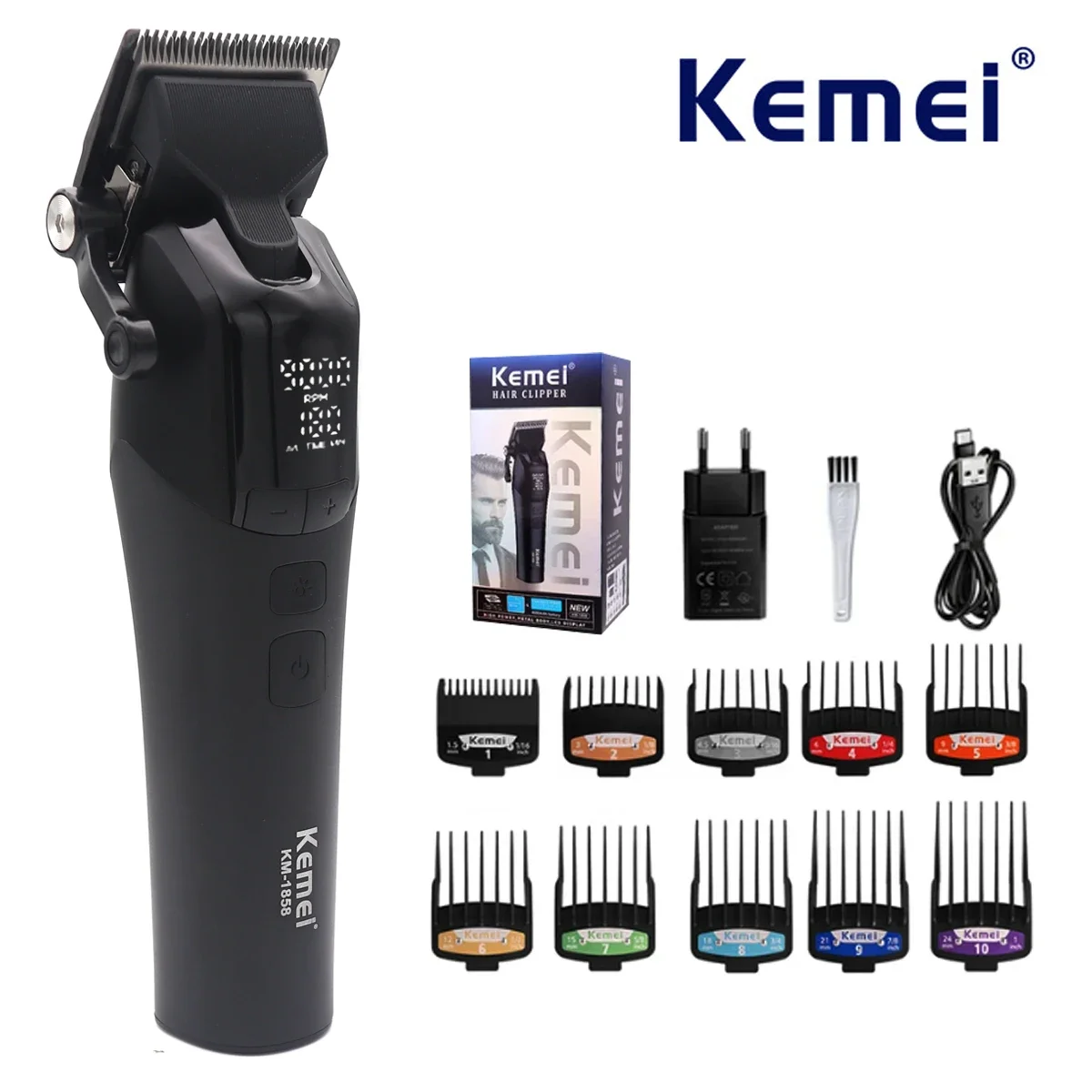 9000RPM Kemei KM-1858 Professional Hair Clipper for Men DLC Blade LED Display Cordless Hair Cutting Machine Hair Trimmer Haircut