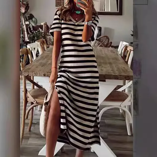 Summer 2025 Women's Loose Svel Striped Straight Dr Street Sle Cotton Polyester A-Line Dr V-Ne Long Dr