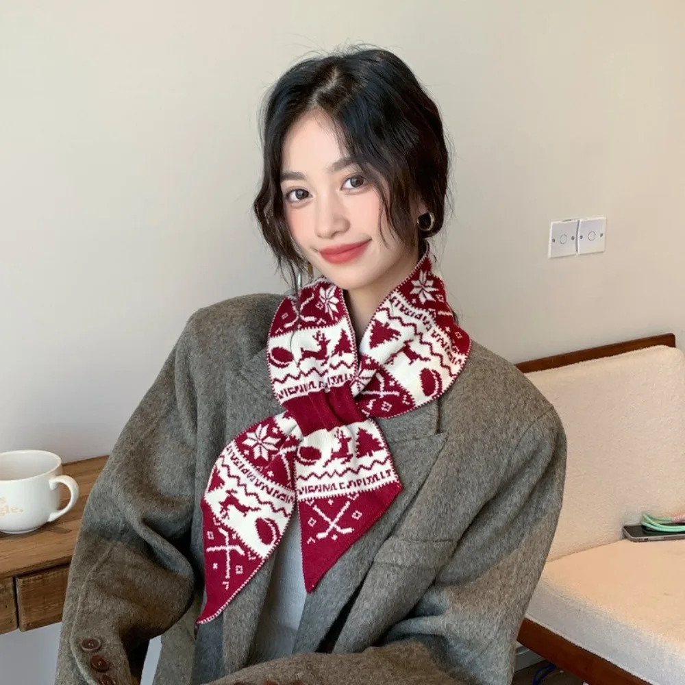 Casual Deer Winter Knitted Scarves Jacquard Korean Style Women Scarf Bow Tie Crochet Woolen Neckerchiefs New Year Gift