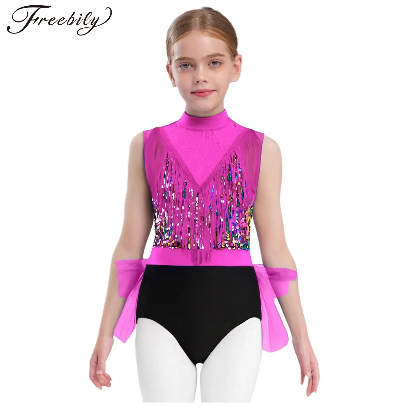 

Teen Girls Ballet Latin Jazz Dance Bodysuit Figure Skating Gymnastics Performance Costume Sleeveless Sequin Tassel Tulle Leotard