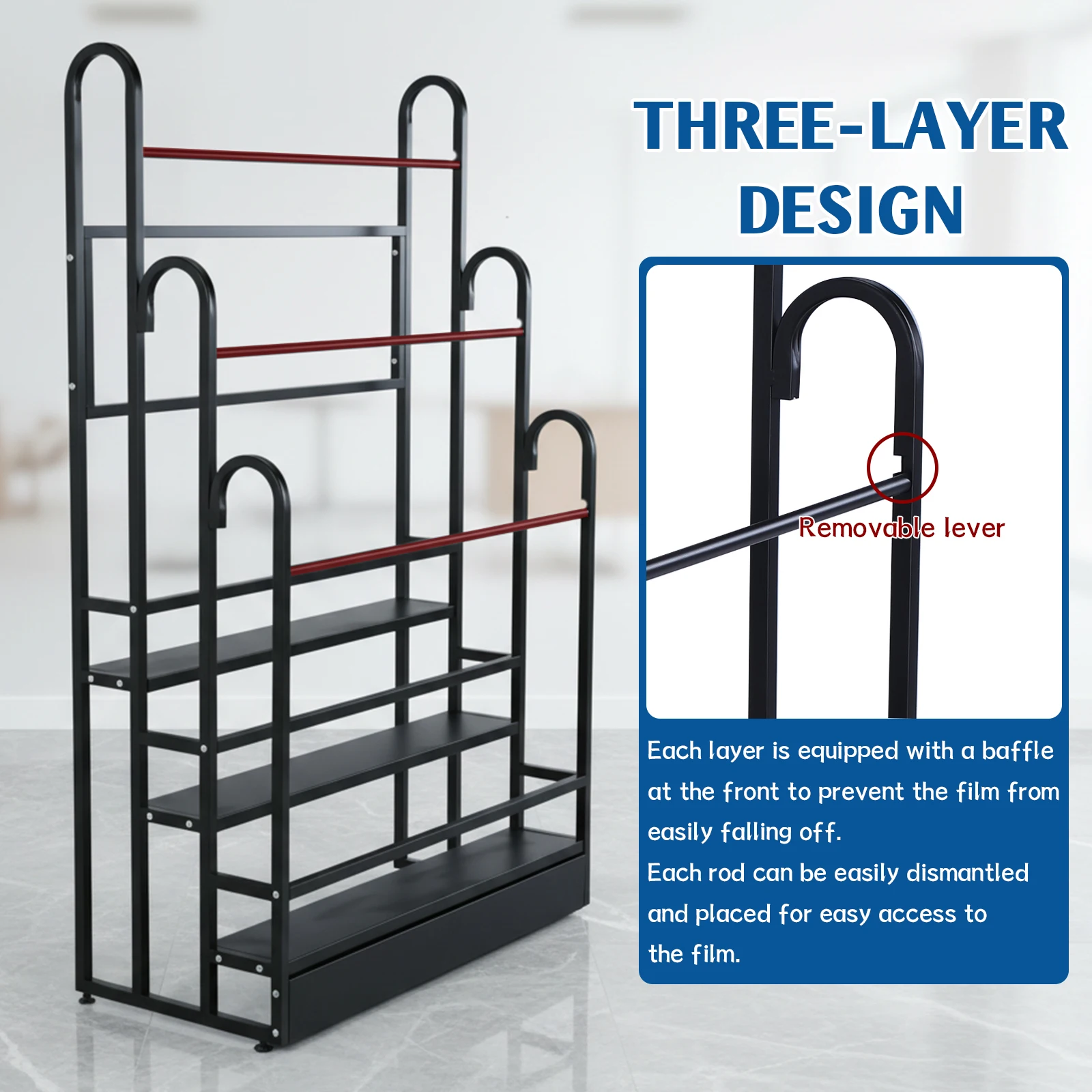 

Металлическая подставка для хранения рулонов винила с регулируемой высотой, 3-ярусная полка для демонстрации материалов: автомобильных пленок, ПВХ-пленок, скатертей