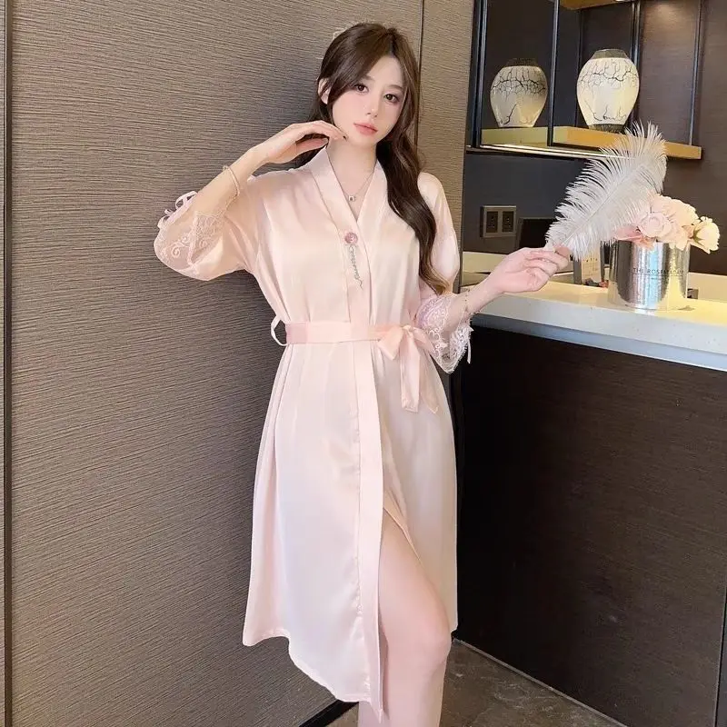 

Женская шелковая ночная рубашка больших размеров на весну и лето, кардиган с короткими рукавами, свободная сексуальная тонкая прозрачная домашняя пижама для женщин, ночная рубашка