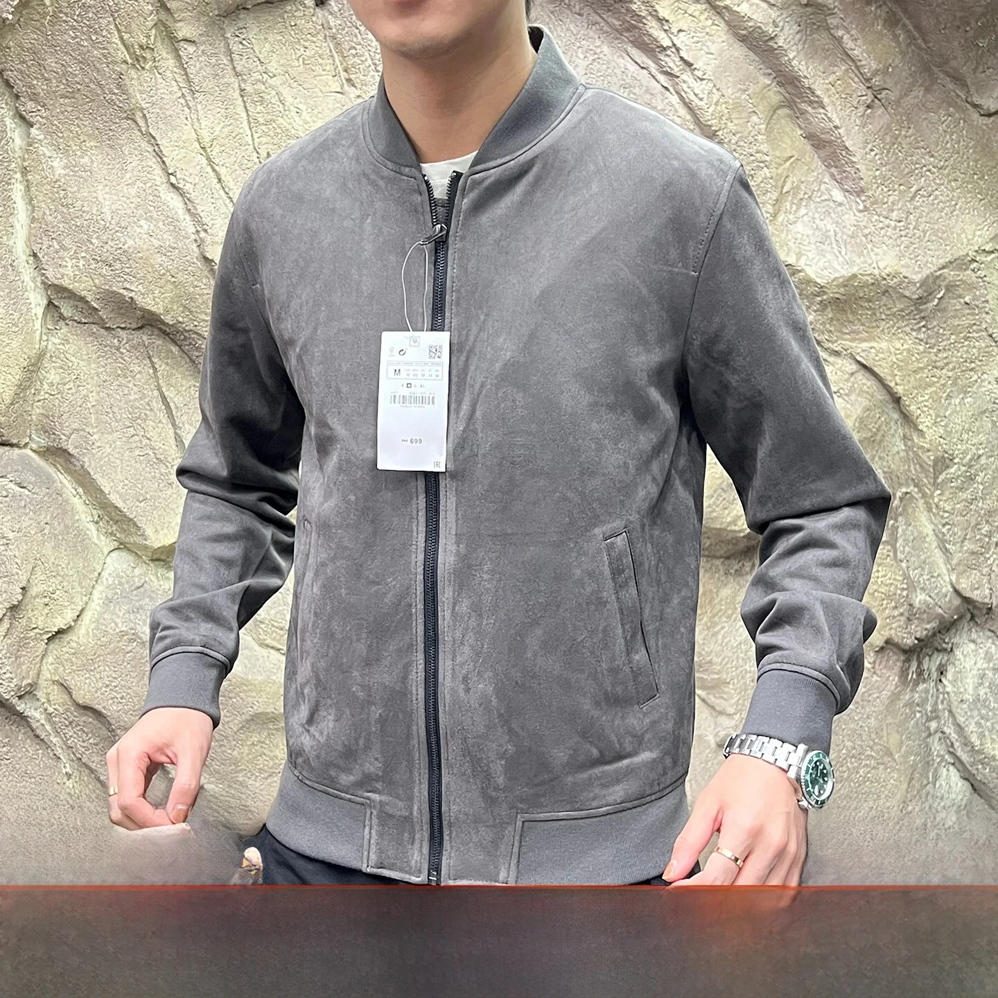 

Imported Suede Ultra Fine Spring New Men's Baseball Collar Pure Color Flight Jaet Casual Sle Zipper Closure Long Sve Coat