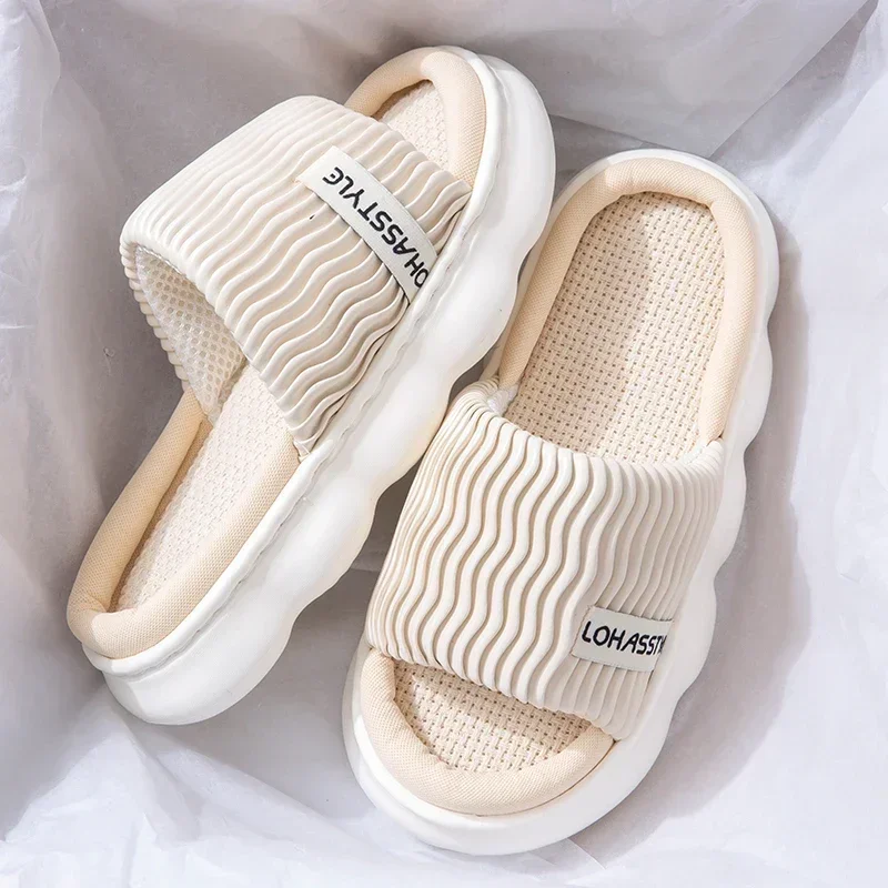 Casual Platform Slippers Women Home Wave Designer Shoes Girls Linen Fashion Popular Elegant House Slippers Open Toe Thick Bottom