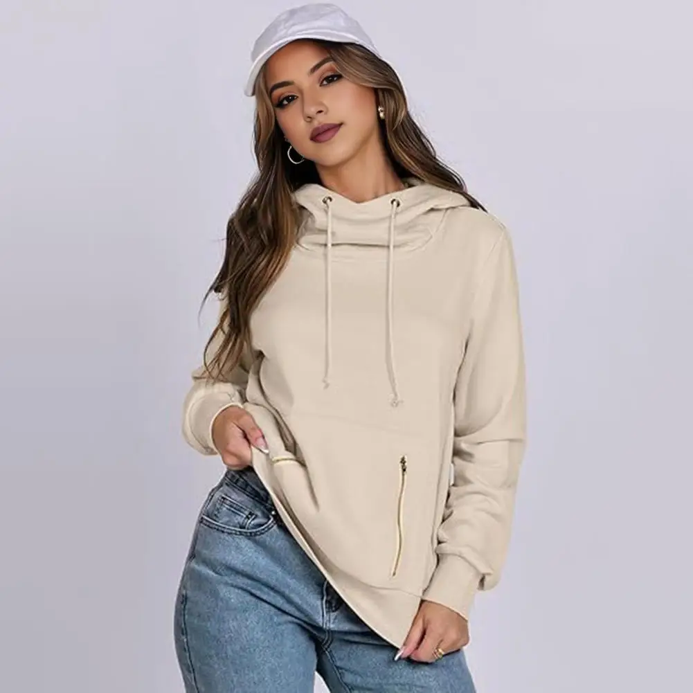 Women Jogging Top Stylish Winter Hoodie with Zipper Pockets Drawstring Elastic Cuff Long Sleeves Pullover for Women Preppy Style