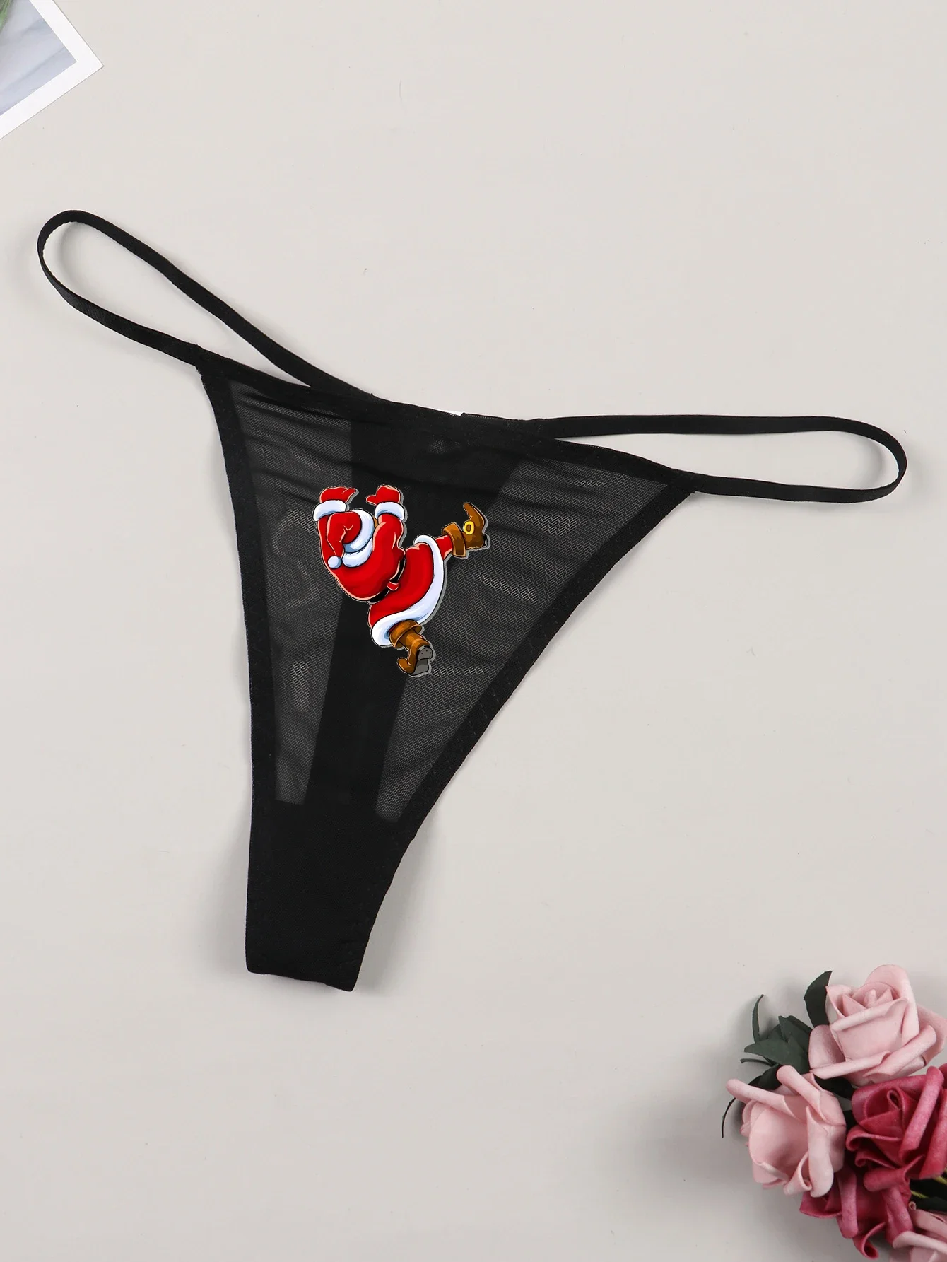 Cueca feminina sexy de malha com estampa de Papai Noel roupa íntima respirável e confortável de Natal