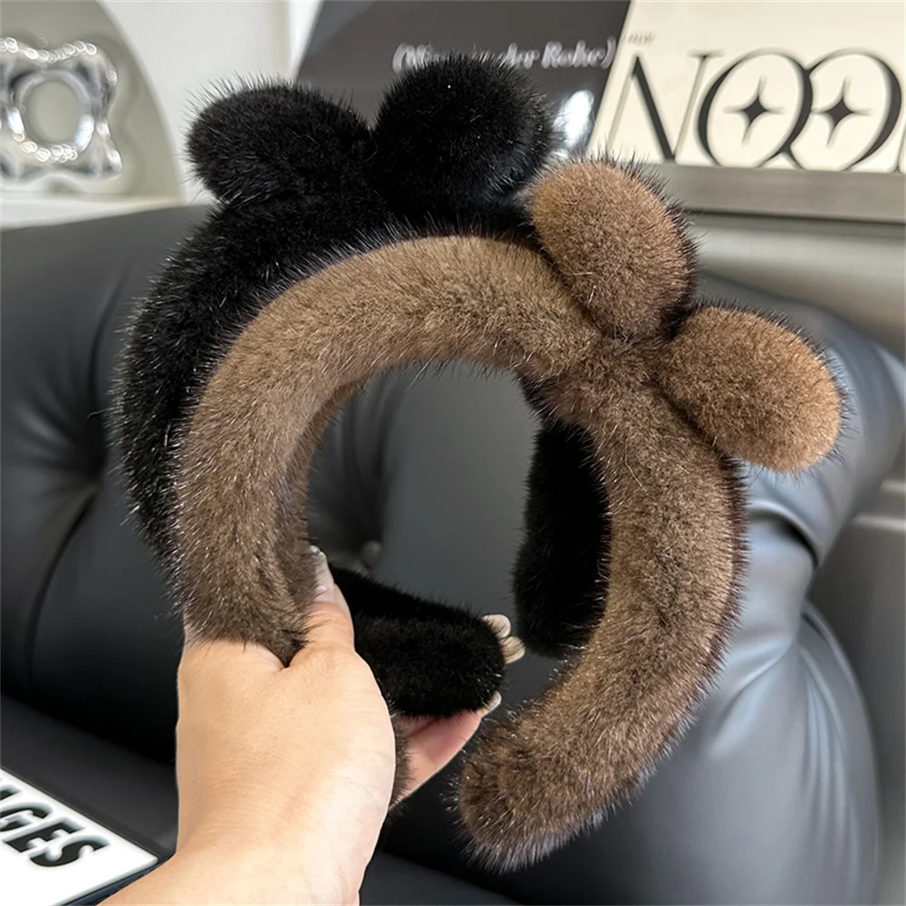 

Повязка для волос из натурального меха норки с большим бантом для женщин и девочек, аксессуар для умывания