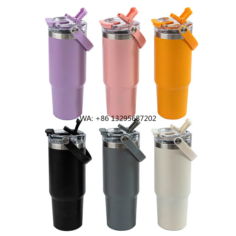 

Factory Custom 30oz Double Wall Stainless Steel Vacuum Tumbler Travel Mug With Handle and Flip Straw Lid for Hot & Cold Drink