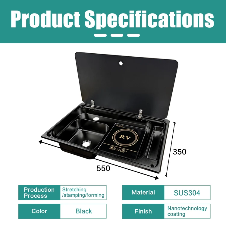 JDA RV Stainless Steel Sink With Induction Cooker Built-in Induction Cooktop With One Bowl Sink For RV Camper Trailer Caravan