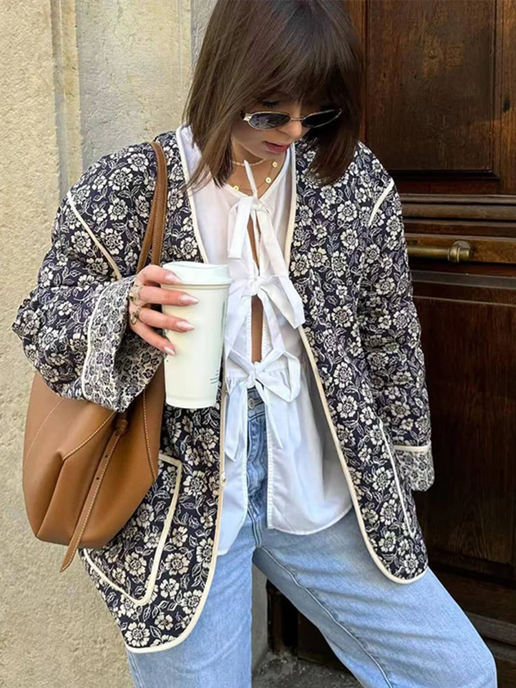 Vintage Floral Print Quilting Coats Women Loose V-neck Long Sleeve Single Breasted Pocket Jacket 2024 Autumn Winter Lady Outwear