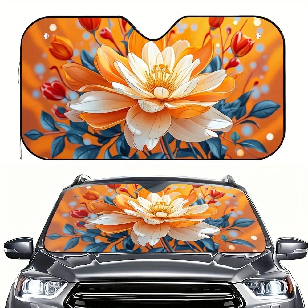 1pc Vintage Floral Car Sun Visor - Foldable, Space-Saving Sunshade With Orange & White Flower Design, Fit For Compact Cars, Smar