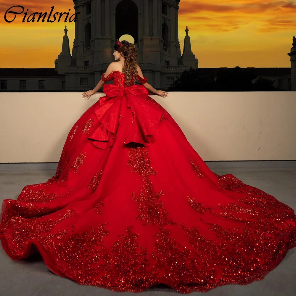 Vermelho fora do ombro vestido de baile lantejoulas, vestidos Quinceanera, pérolas com arco espartilho, apliques de renda, 15 anos